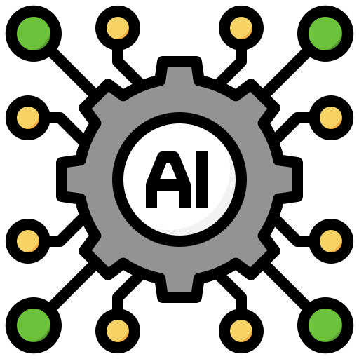 An icon image that shows the word AI in the center of a mechanical cog with various data point lines coming out of the cog.