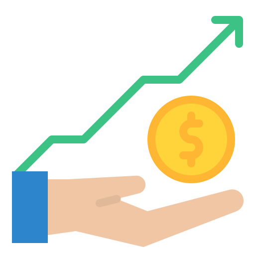 An icon image shows a hand with a coin above it. There is a line graph indicating large profits.